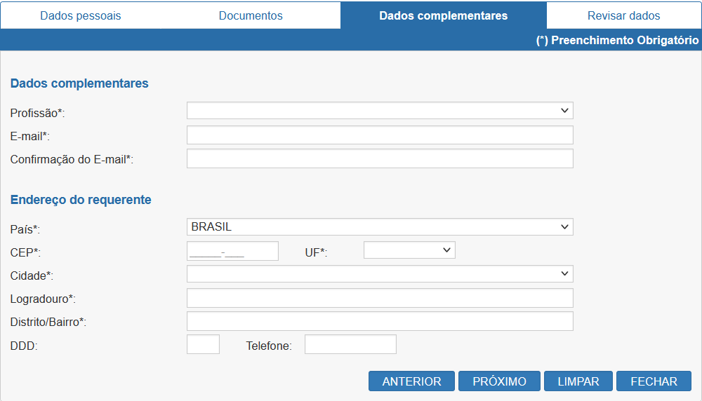 Tela para preencher os dados complementares, como e-mail, endereço e profissão.